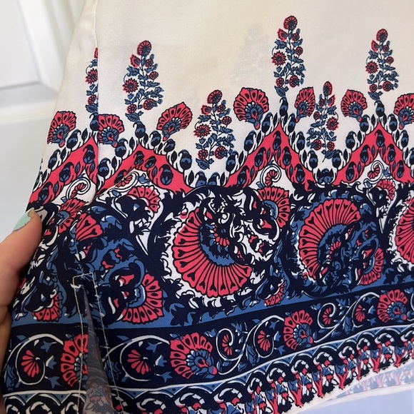 Ivory short sleeve work blouse with blue and pink detailing - Picture 3 of 5